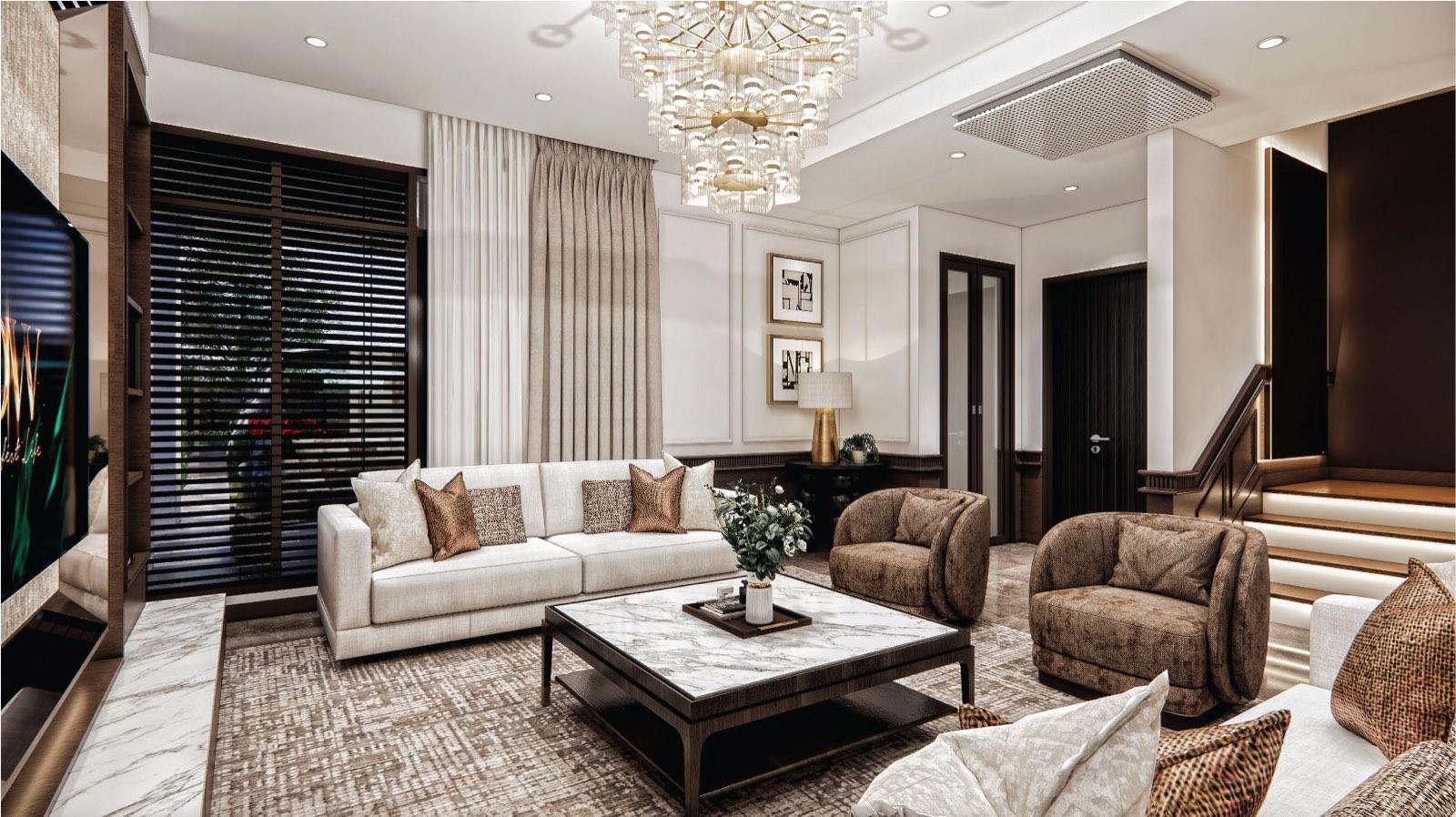 Foyer of the Putrajaya villa with banquette seats between panelled columns, opening to the pool deck