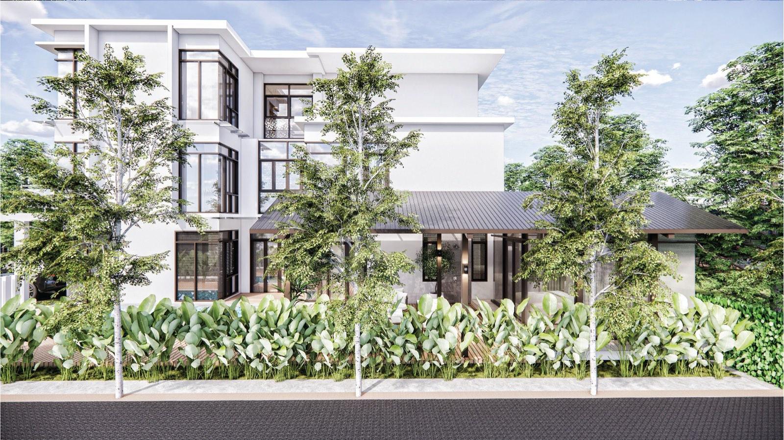 Garden elevation of the Putrajaya villa behind street trees, showing the veranda roof and pool deck