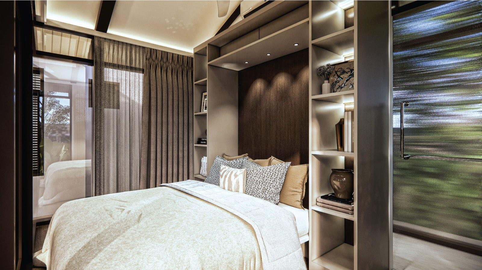 Guest bedroom inside the garden pavilion at the Putrajaya villa with lit shelving around the bed