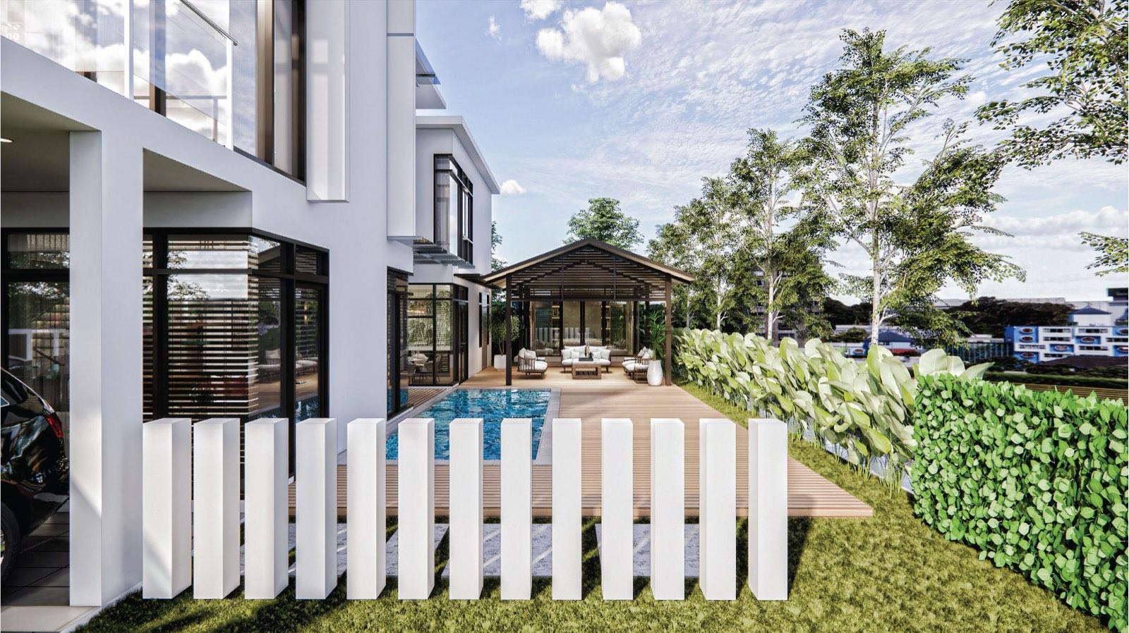 Lap pool, timber deck and garden pavilion at the Putrajaya villa behind a row of white fence blades