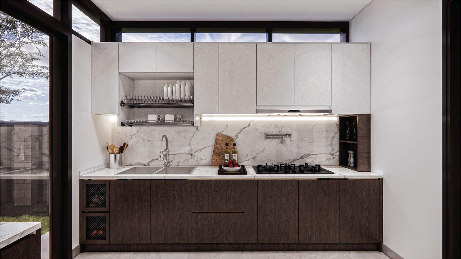 Wet kitchen at the Putrajaya villa with dark timber cabinetry, marble splashback and clerestory windows