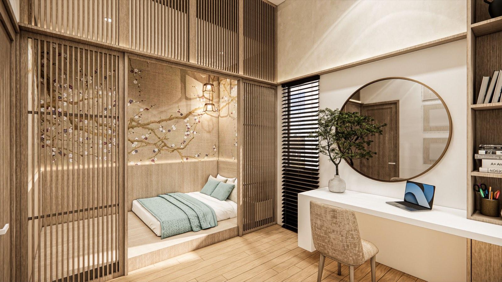 Bedroom of the PKNS SCV Phase 2 show unit with a platform bed behind slatted timber screens, a blossom mural and a study desk