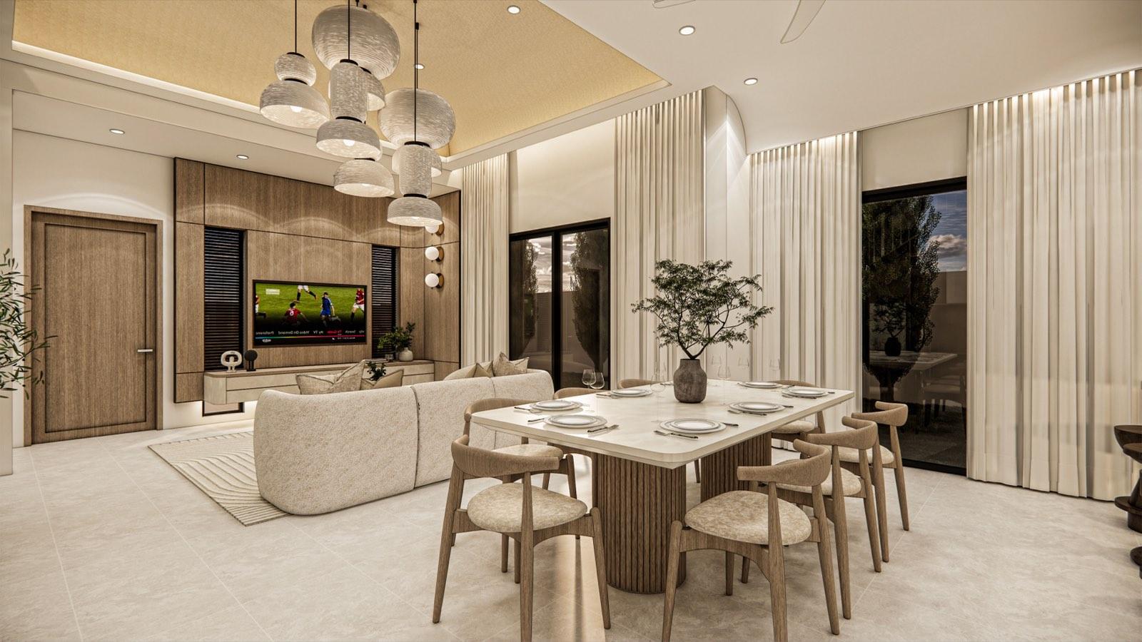 Dining and TV lounge of the PKNS SCV Phase 2 show unit under a cluster of woven pendants, with curtained glazing on two sides