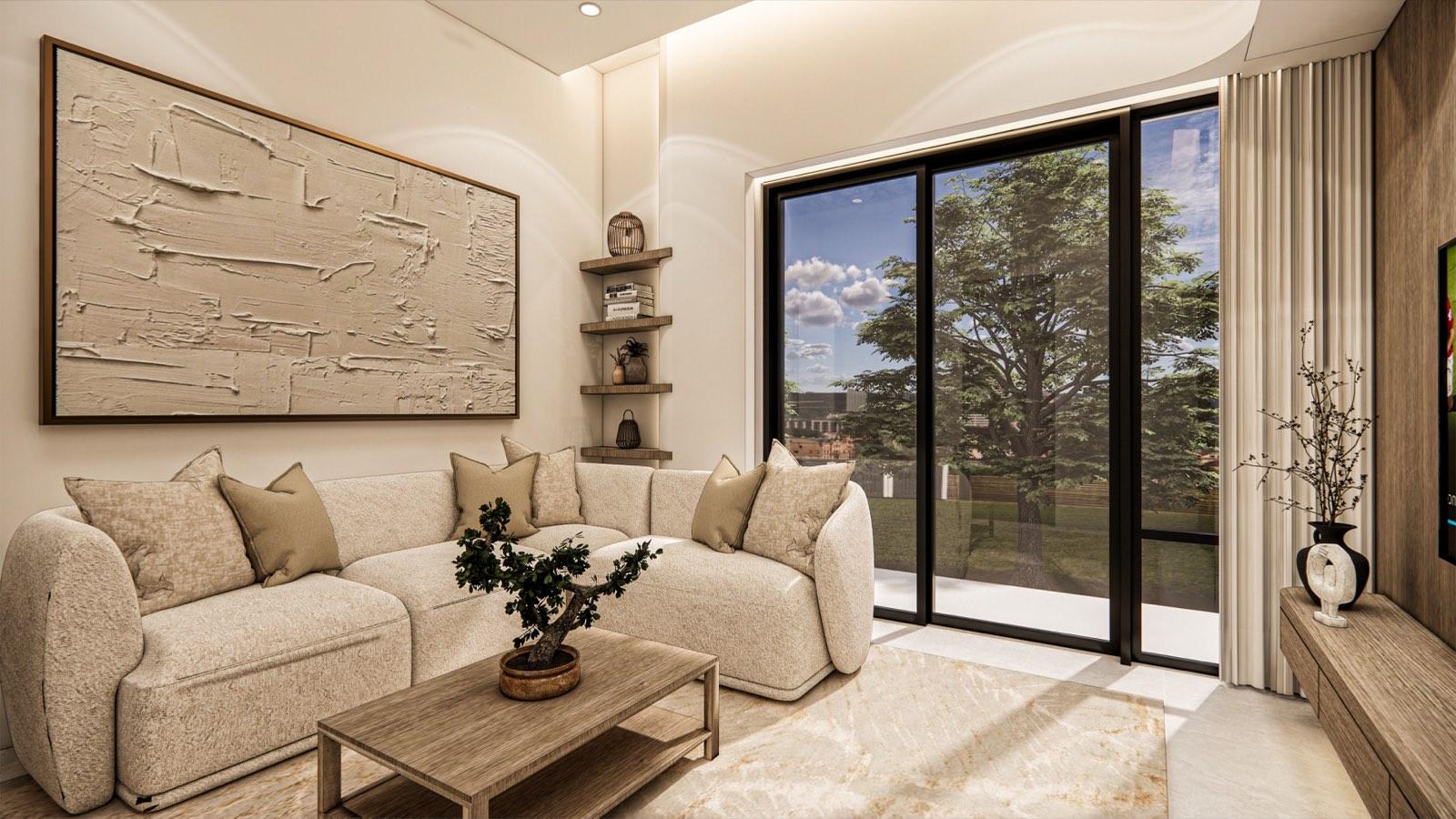 Family room of the PKNS SCV Phase 2 show unit with a textured plaster artwork and sliding glass opening to the garden