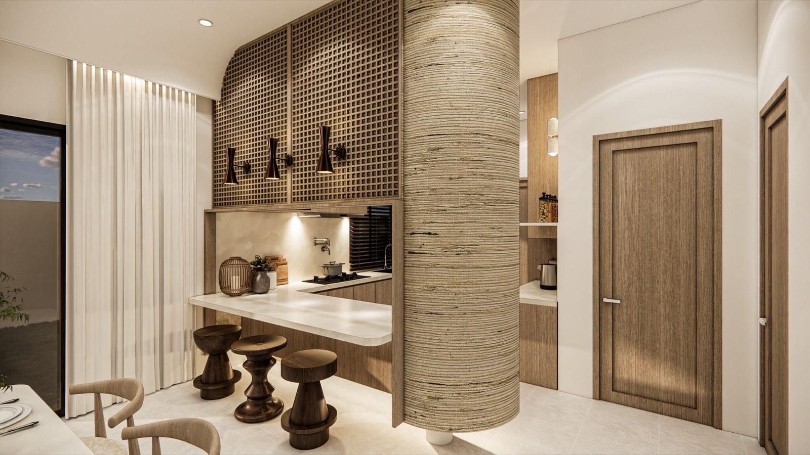 Breakfast counter of the PKNS SCV Phase 2 show unit with sculpted timber stools, copper sconces and lattice screens over the dry kitchen