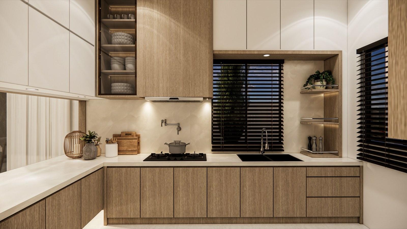 Wet kitchen of the PKNS SCV Phase 2 show unit in oak and white, with a glazed display cabinet, dark venetian blinds and corner shelves