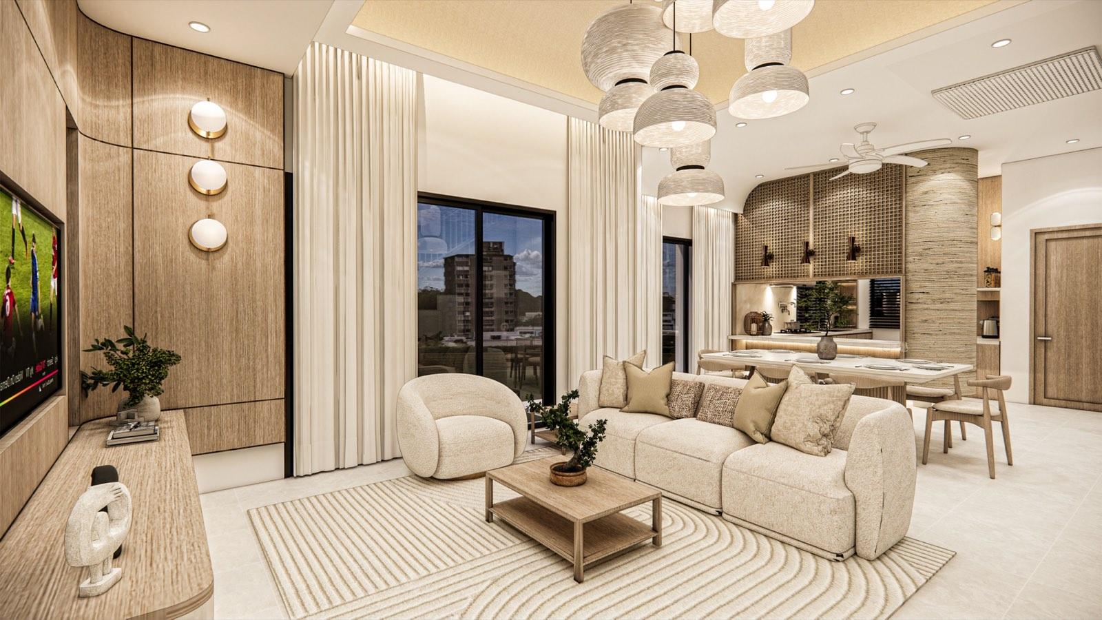 Double-height living hall of the PKNS SCV Phase 2 show unit with a cream modular sofa, ribbed rattan pendants and timber lattice screens to the kitchen