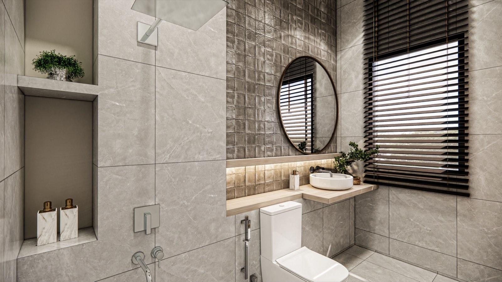 Master bathroom of the PKNS SCV Phase 2 show unit in grey stone with a glazed tile feature wall, round mirror and timber vanity shelf