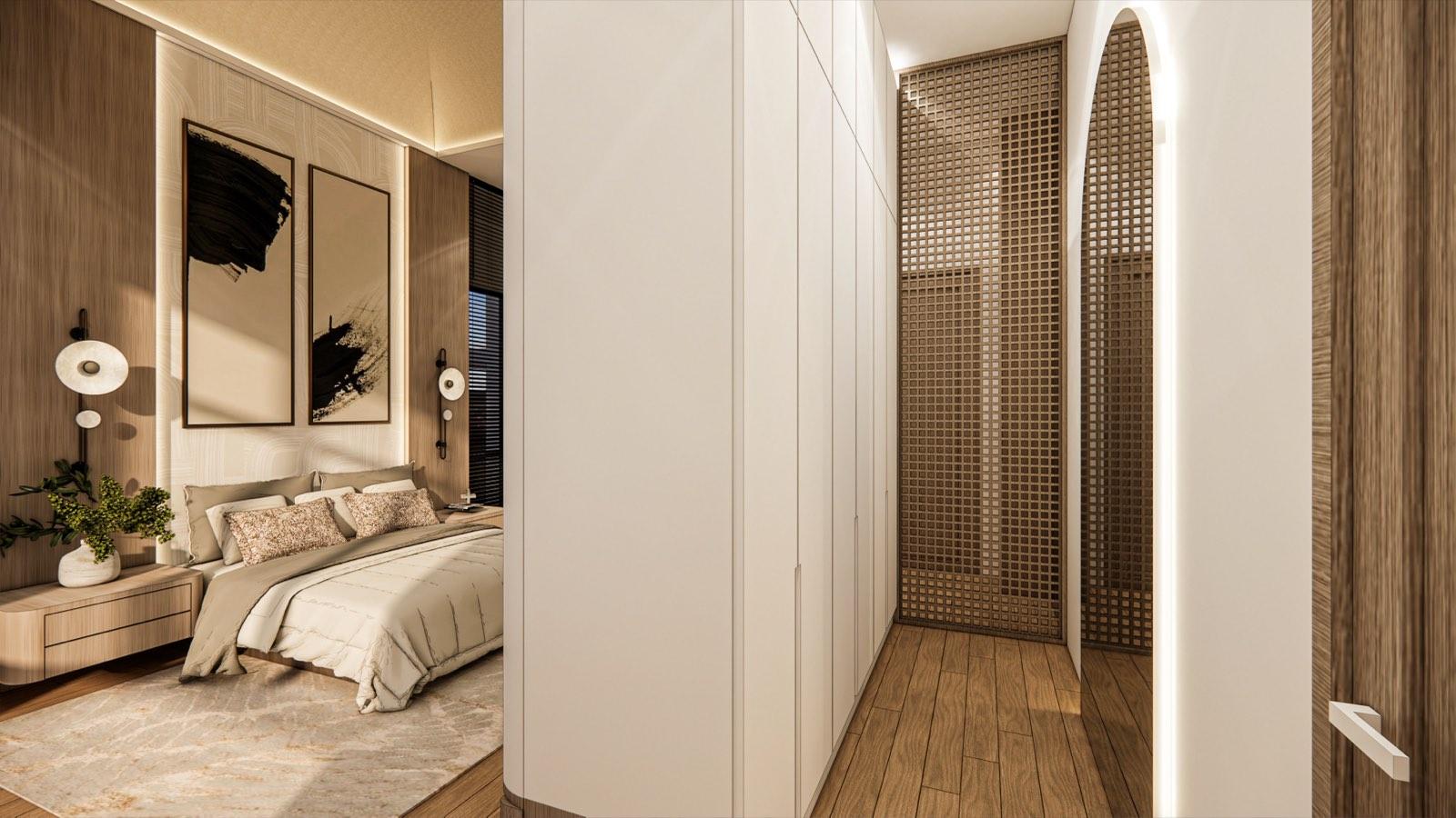 Wardrobe corridor in the master suite of the PKNS SCV Phase 2 show unit, screened by an arched timber lattice panel