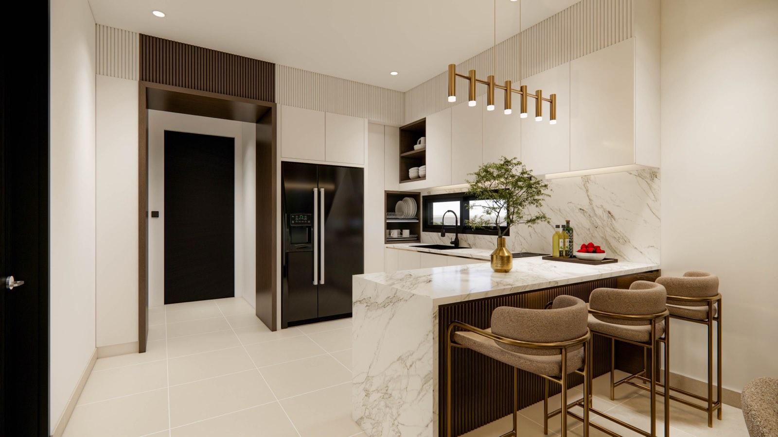 Dry kitchen of the Sime Darby Modern Grandeur show home with a calacatta marble peninsula and brass-framed bar stools