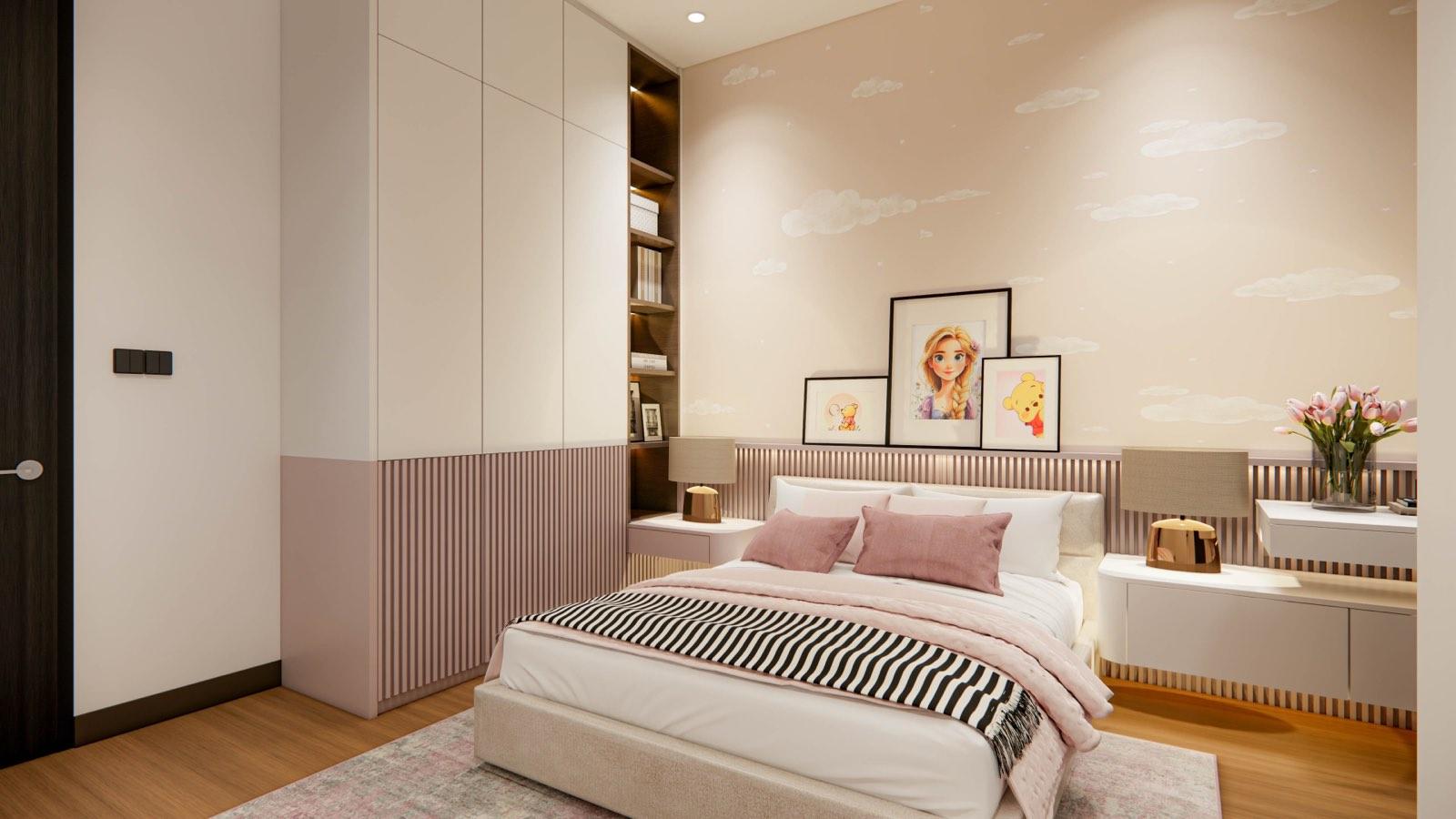 Blush-pink children’s bedroom in the Sime Darby Modern Grandeur show home with cloud wallpaper and fluted panelling