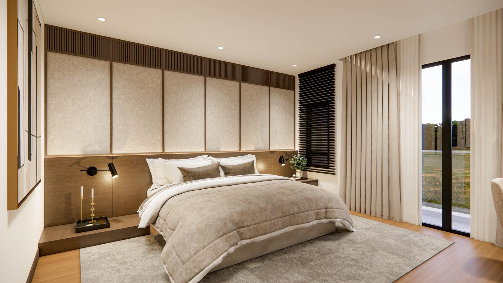 Junior master bedroom at the Sime Darby Modern Grandeur show home with an upholstered panel headboard wall and bedside sconces