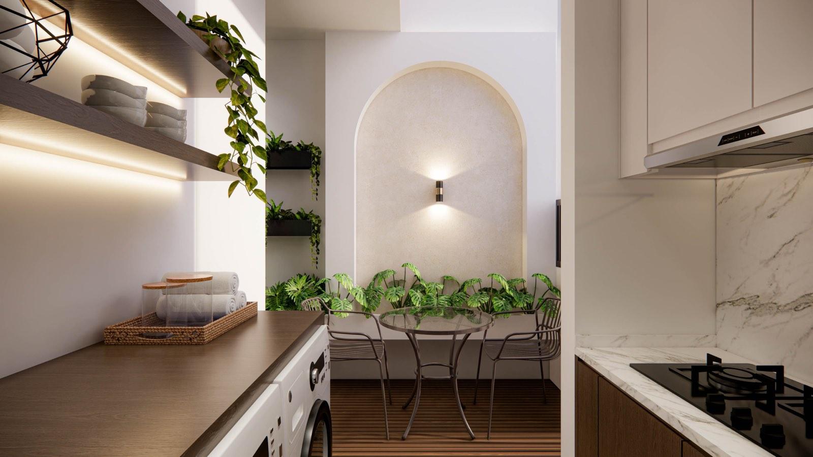 Laundry opening to the arched, planted drying yard at the Sime Darby Modern Grandeur show home