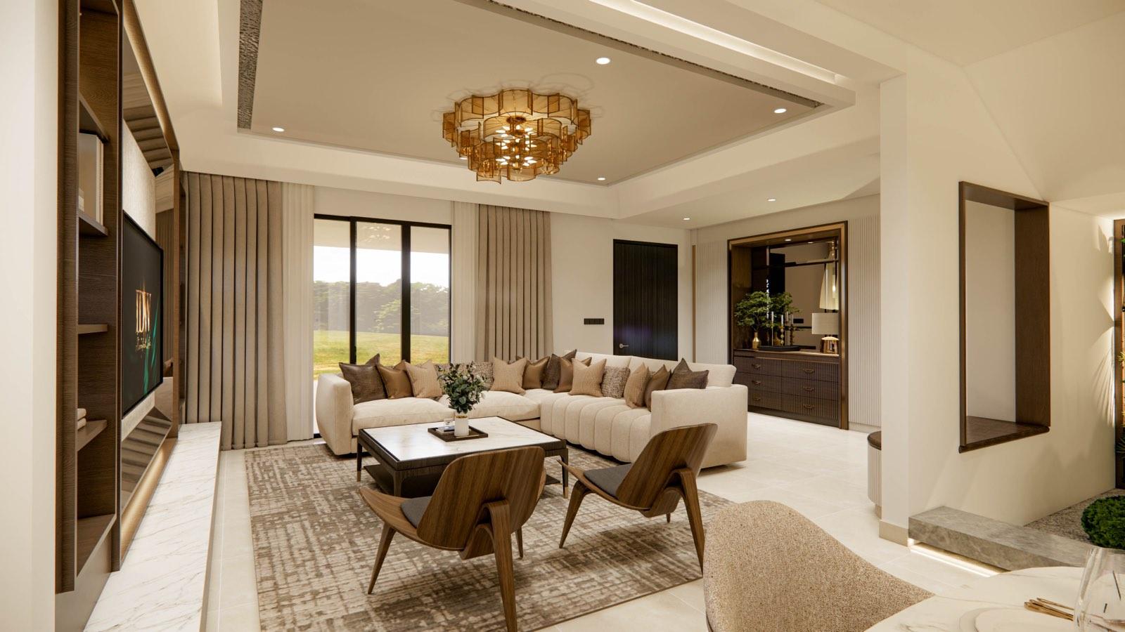 Sime Darby Modern Grandeur living room looking through sliding glass to the garden, with walnut lounge chairs on a woven rug