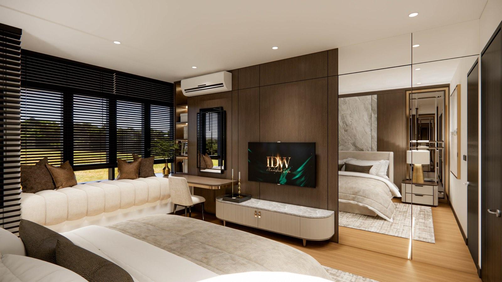 Master suite TV wall and mirrored dressing area at the Sime Darby Modern Grandeur show home