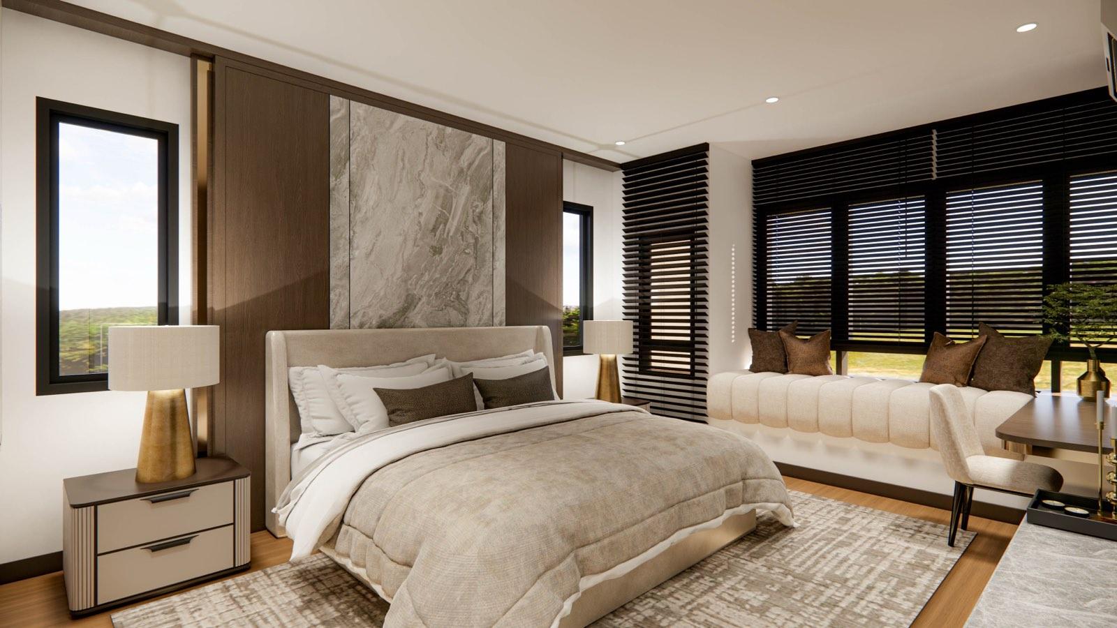 Master bedroom window seat under timber blinds at the Sime Darby Modern Grandeur show home