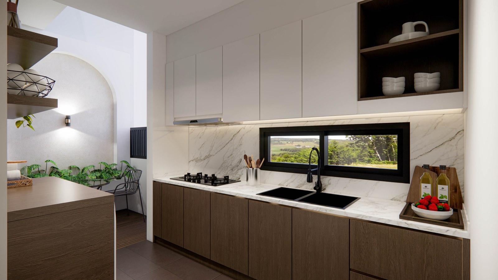 Wet kitchen at the Sime Darby Modern Grandeur show home with dark timber cabinets, a marble splashback and a picture window