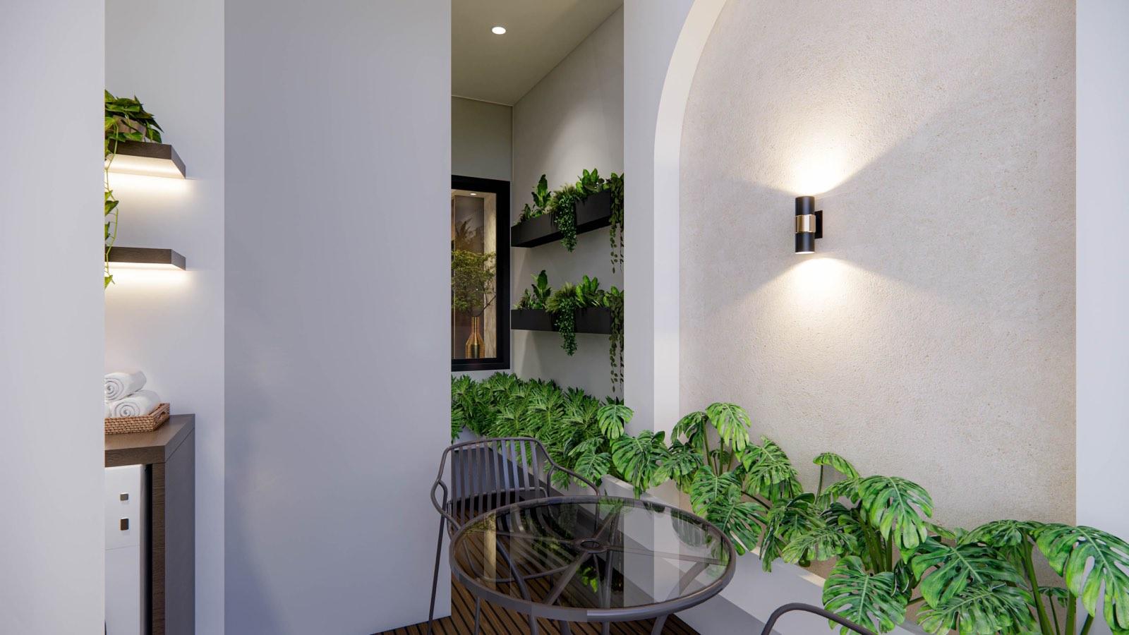 Arched courtyard wall and bistro table in the side yard of the Sime Darby Modern Grandeur show home