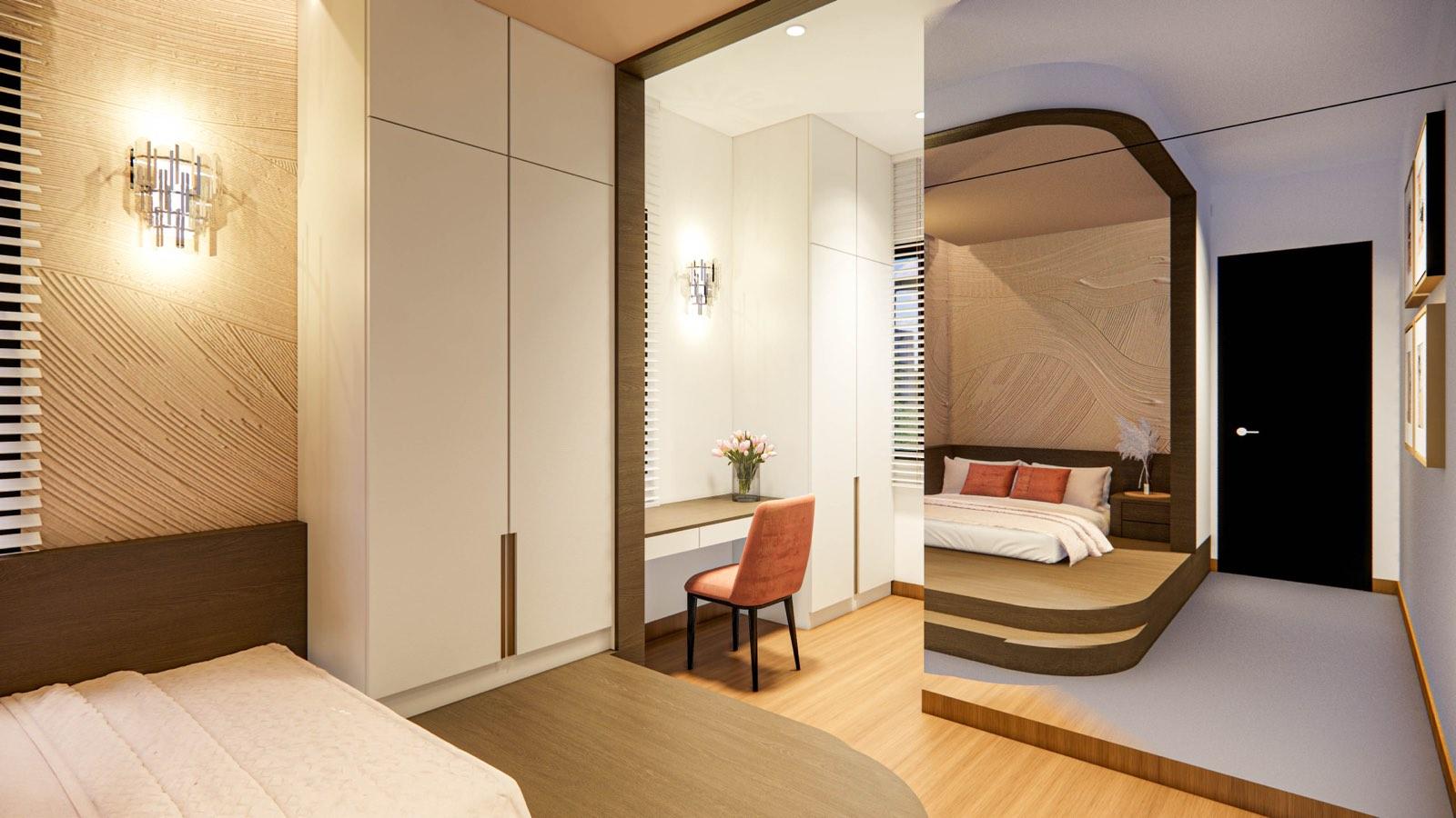 Desk and mirror corner of the second bedroom at the Sime Darby show unit, reflecting the platform bed and plaster wall