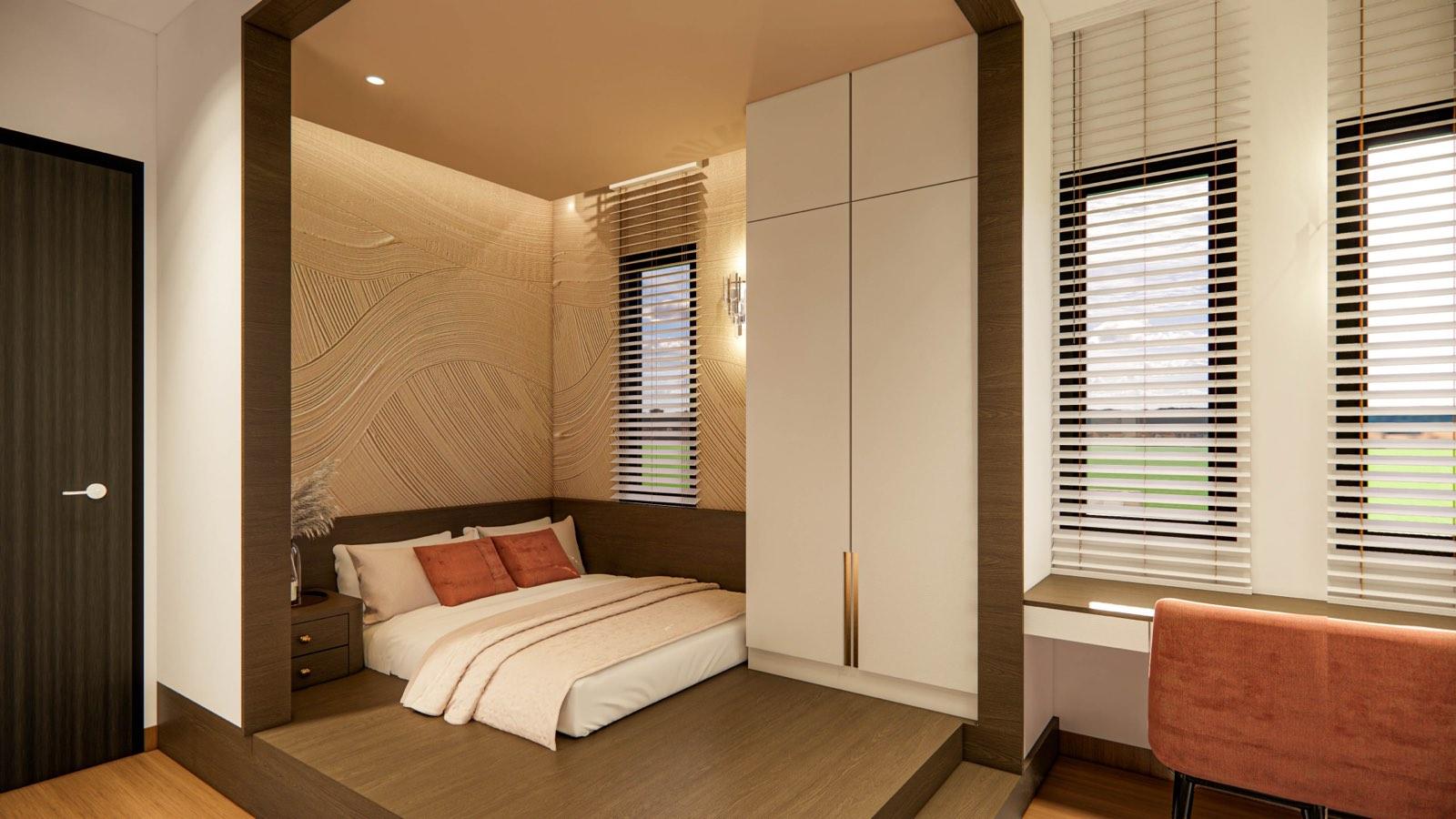 Second bedroom of the Sime Darby show unit with a platform bed set against combed-plaster feature walls