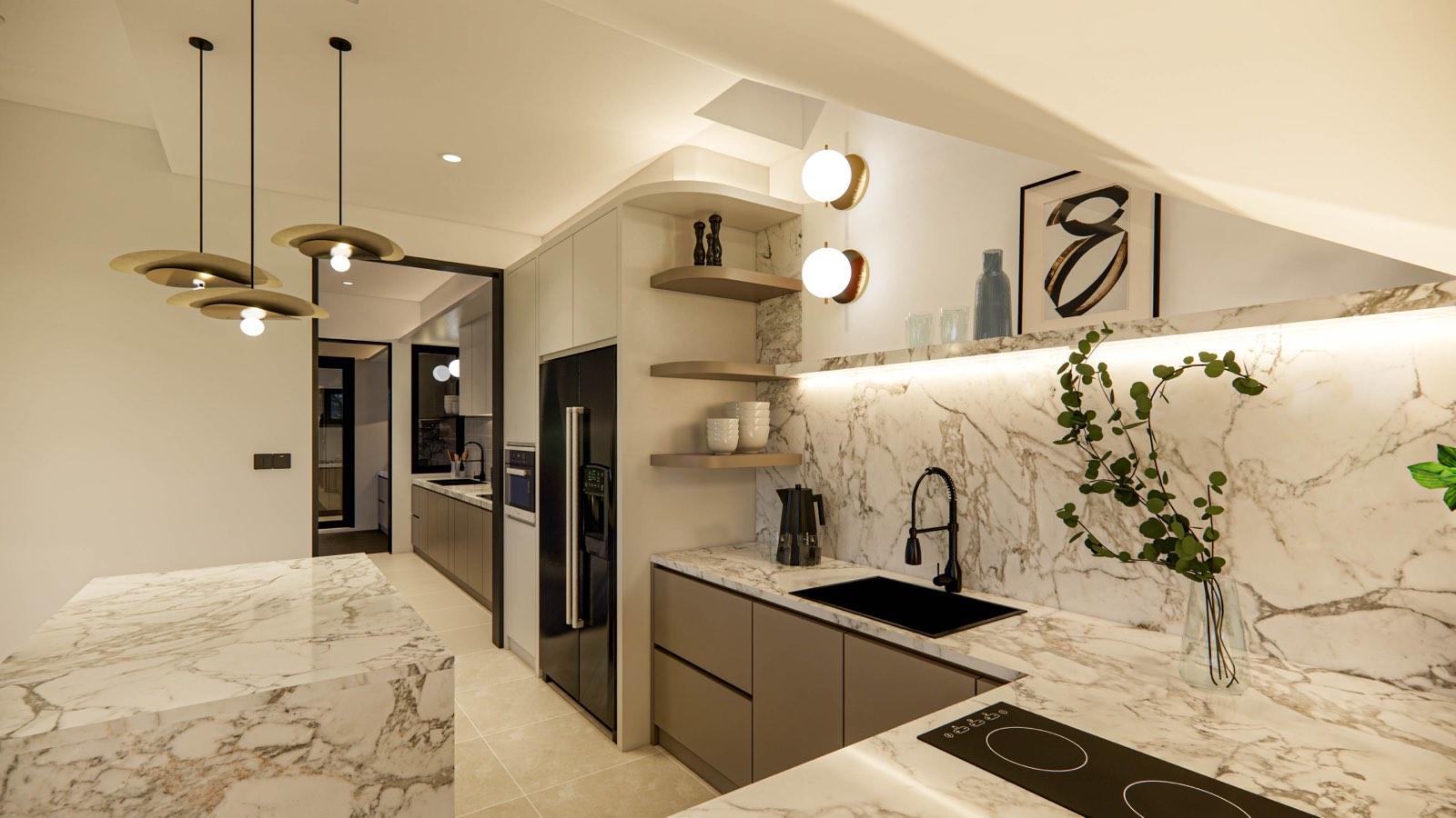 Dry kitchen of the Sime Darby show unit with a veined marble splashback and worktops, looking through to the wet kitchen