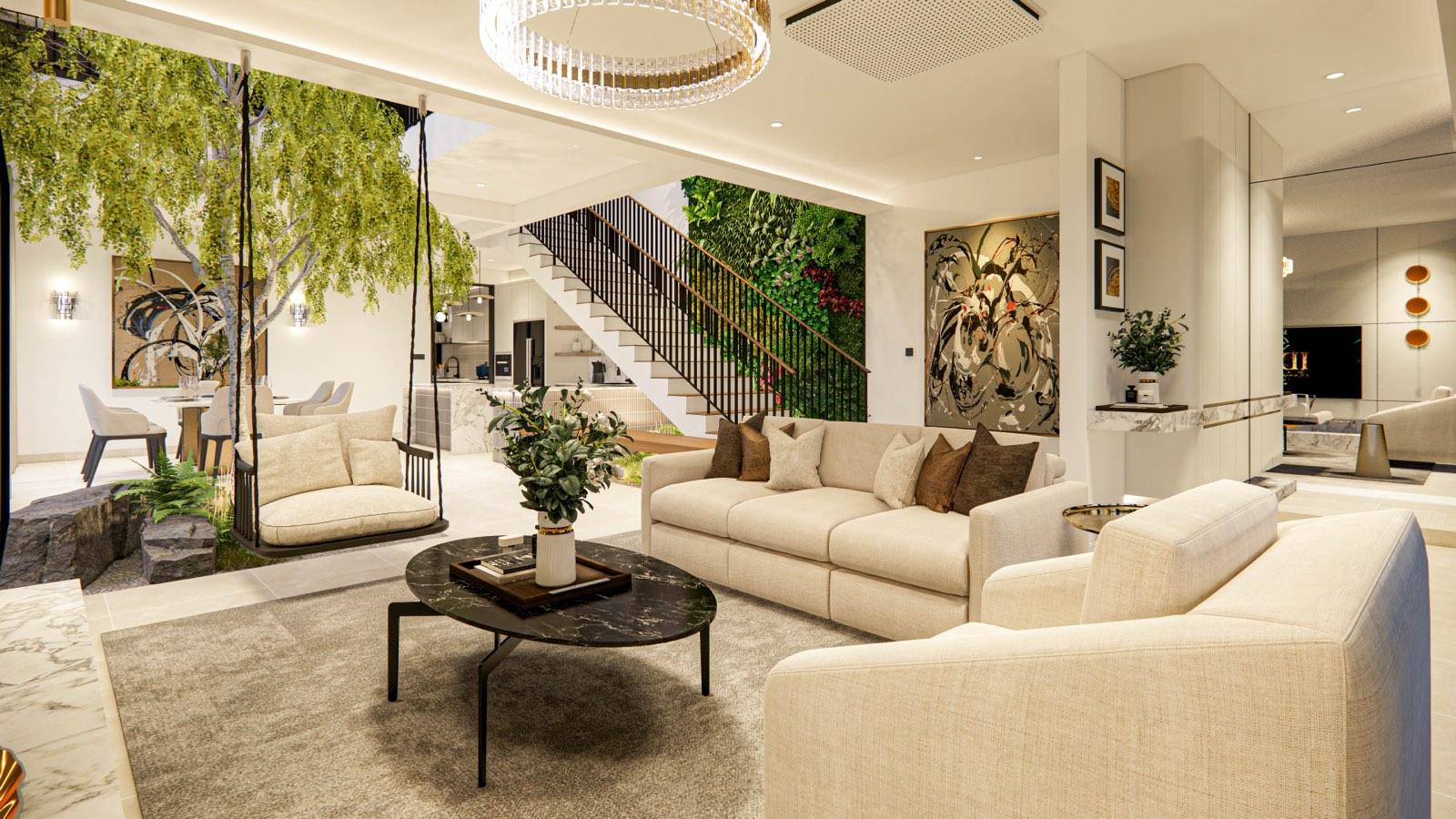 Living area of the Sime Darby show unit looking across the sunken rock garden and swing seat to the green-wall stair and kitchen