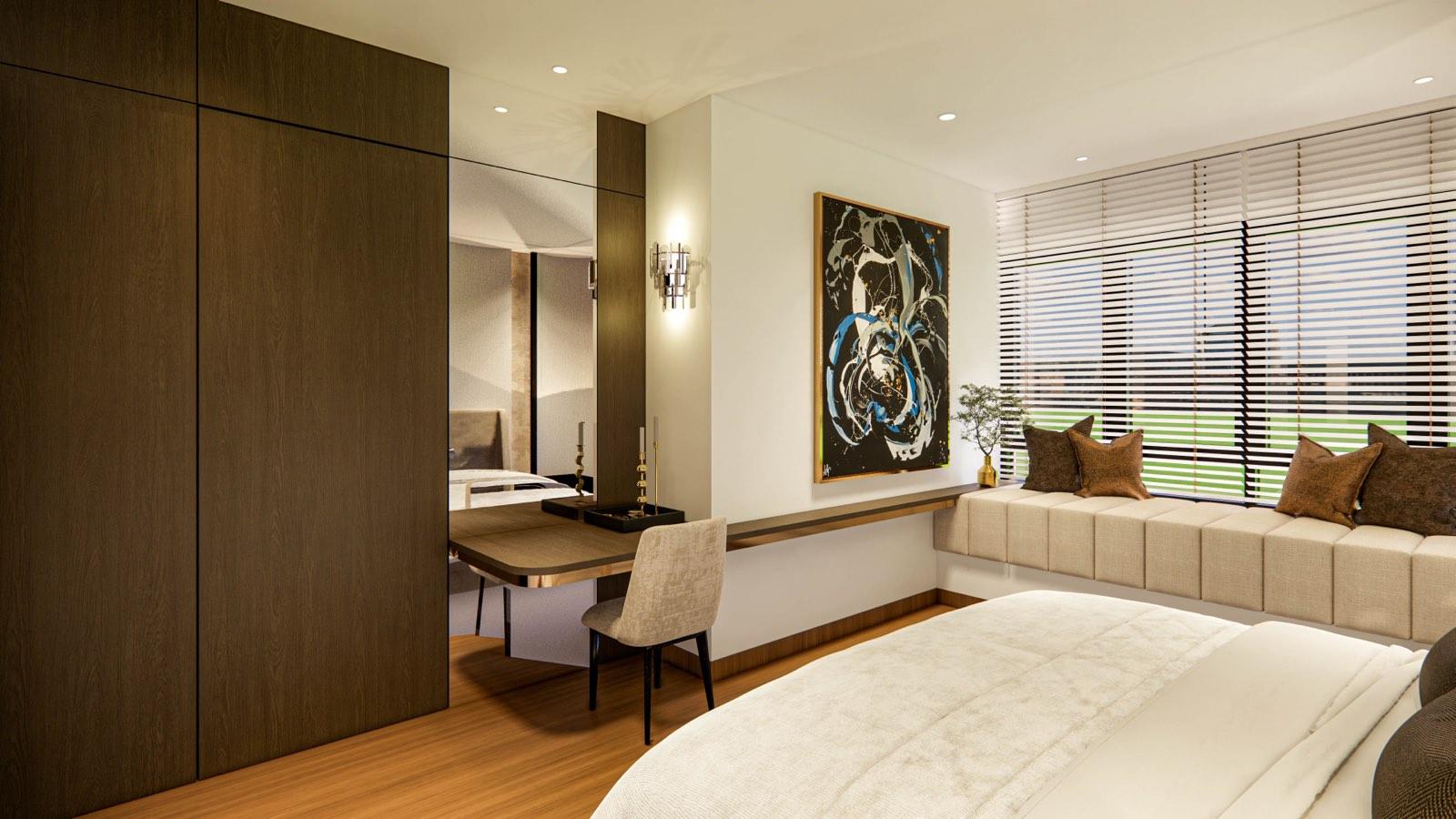 Dresser corner of the Sime Darby show unit master bedroom, with dark timber wardrobes, a mirrored return and window seat