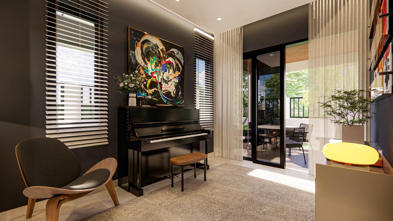 Dark-walled flexi room at the Sime Darby show unit with an upright piano, abstract art and sliding doors to the terrace