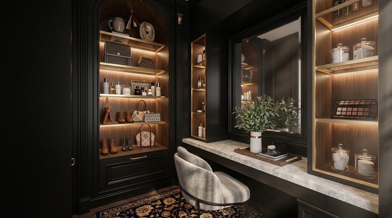 Bedroom at the Setia Alam residence with a channel-upholstered headboard framed by black panelled walls
