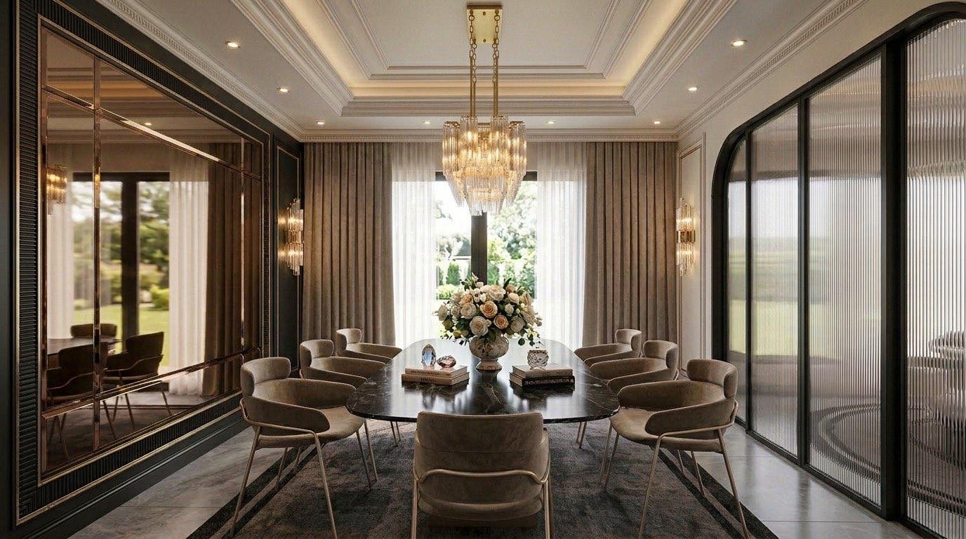Formal dining room at the Setia Alam residence with an oval black marble table and a bronze-mirrored feature wall