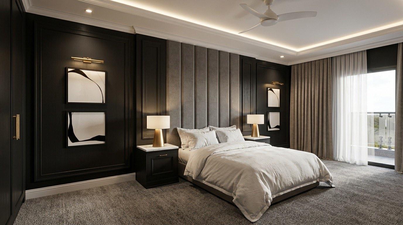 Dressing lounge at the Setia Alam residence with a boucle sofa, marble-topped counter and lit handbag display beyond