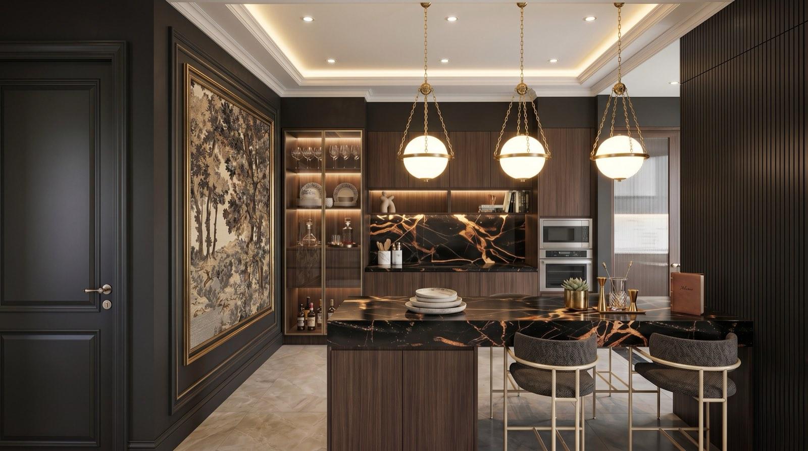 Dry kitchen and bar at the Setia Alam residence in gold-veined black marble under three brass globe pendants