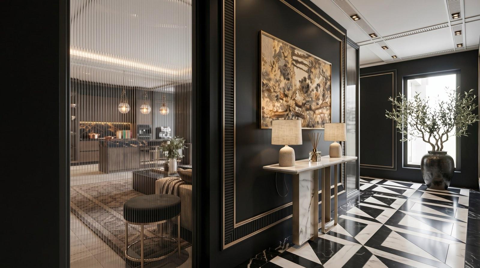 Foyer of the Setia Alam residence with a geometric black and white marble floor, marble console and gold-framed tapestry