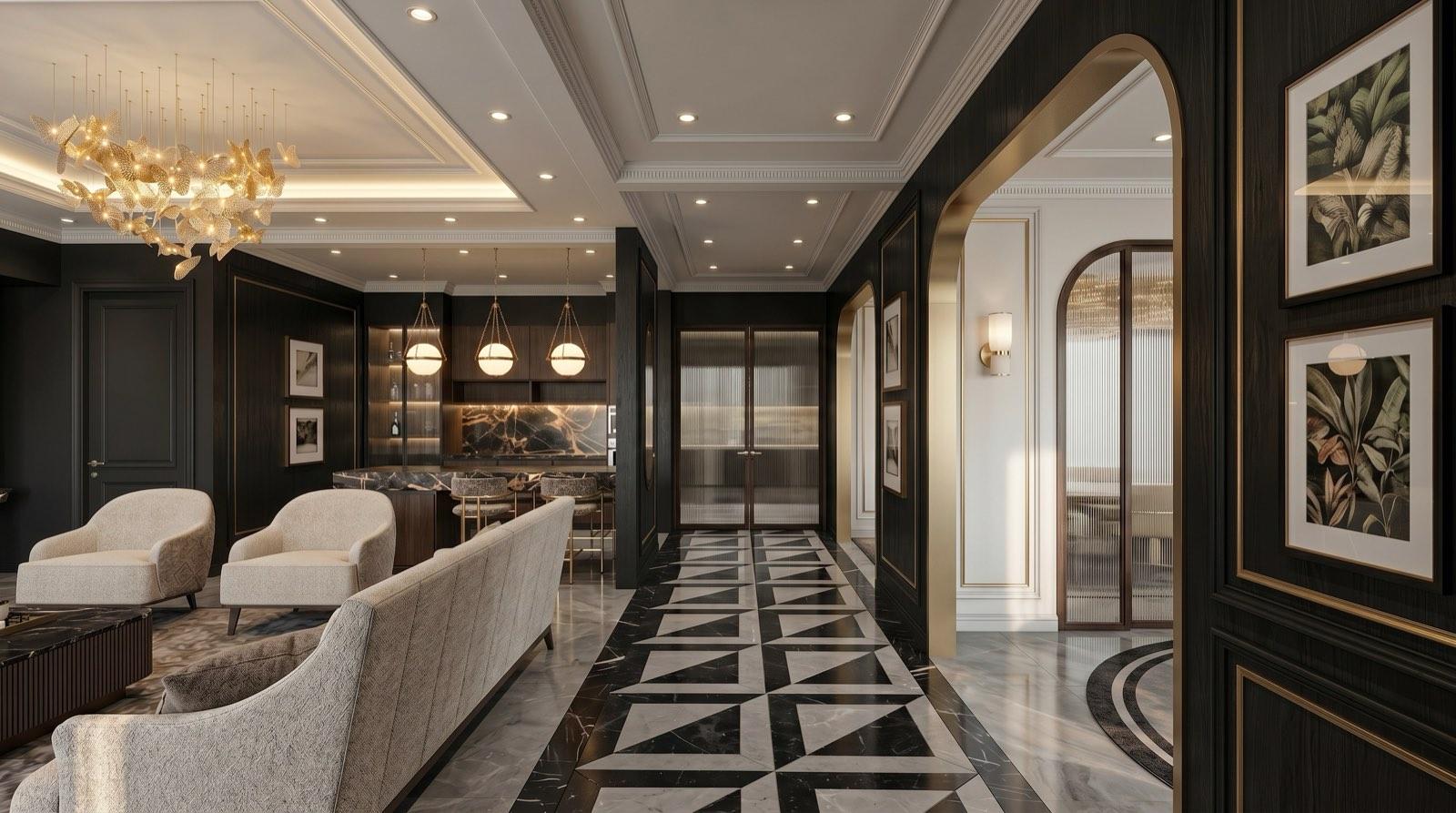 Central hallway of the Setia Alam residence with brass-lined arches, dark panelled walls and a patterned marble walkway