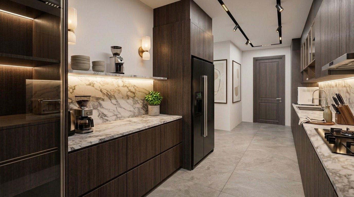Coffee corner of the wet kitchen at the Setia Alam residence with marble worktops and dark timber cabinetry