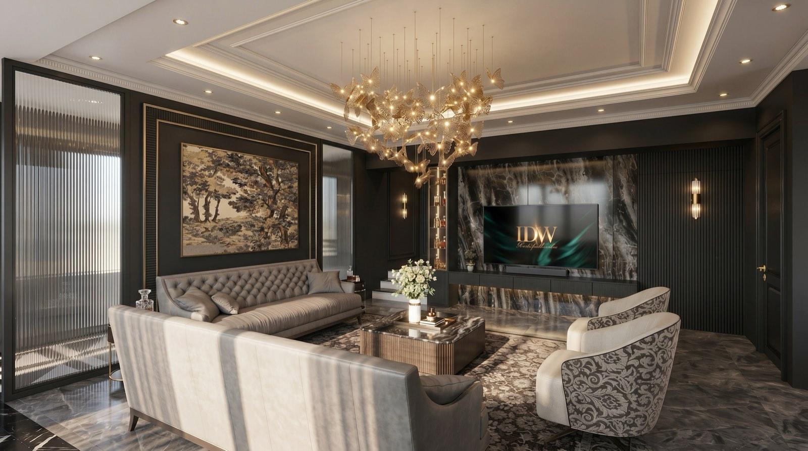 Formal living room at the Setia Alam residence with a tufted leather sofa, tapestry artwork and gilded butterfly chandelier