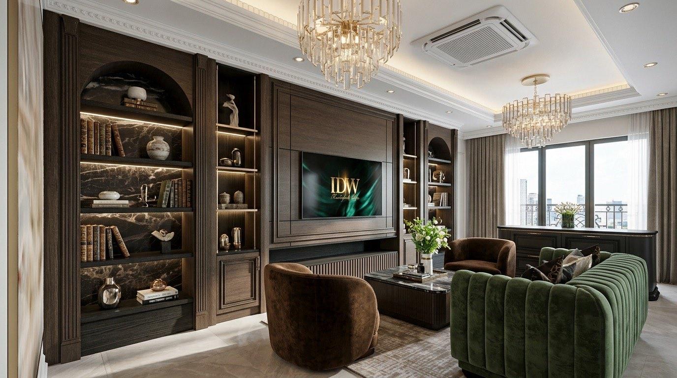 Upstairs lounge at the Setia Alam residence with a green velvet sofa, dark timber shelving and a city view