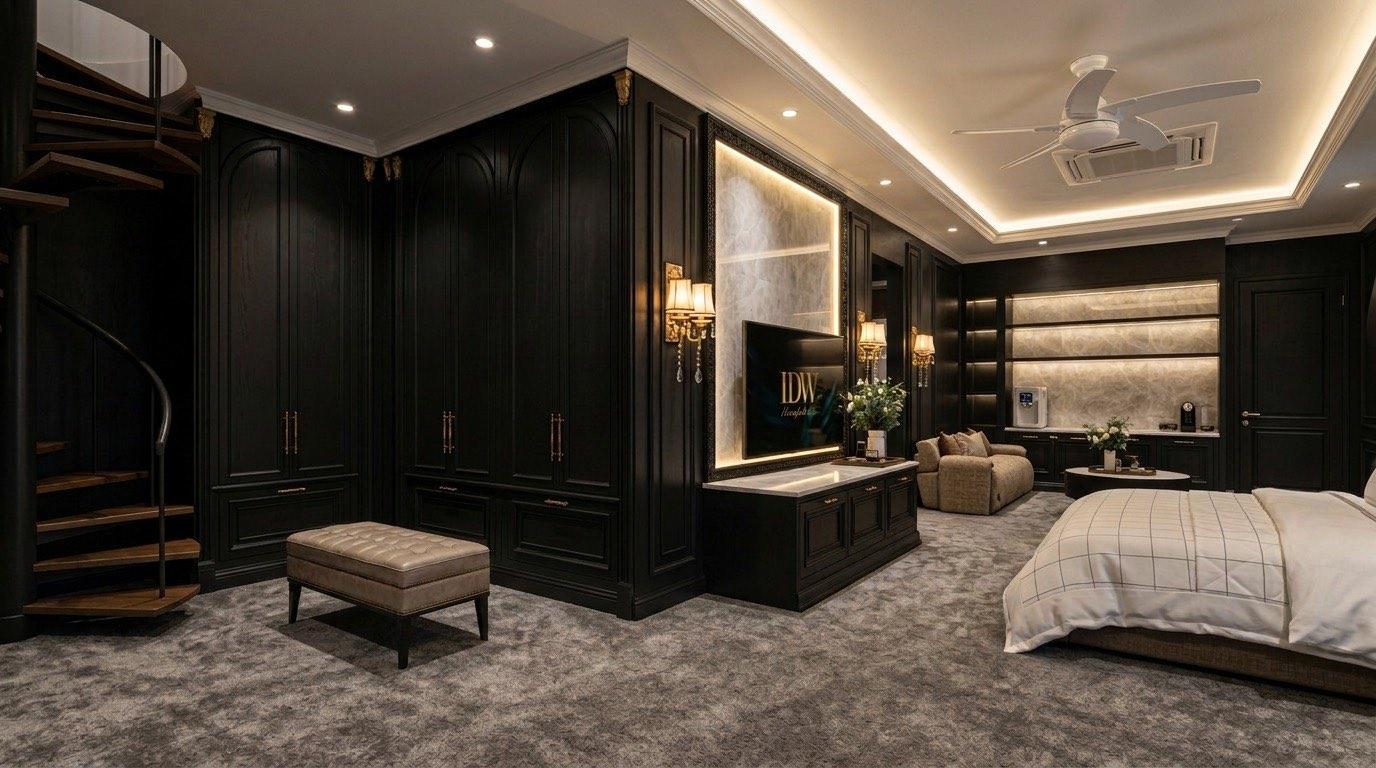 Master bedroom at the Setia Alam residence in black panelling with a timber spiral stair and backlit stone niches