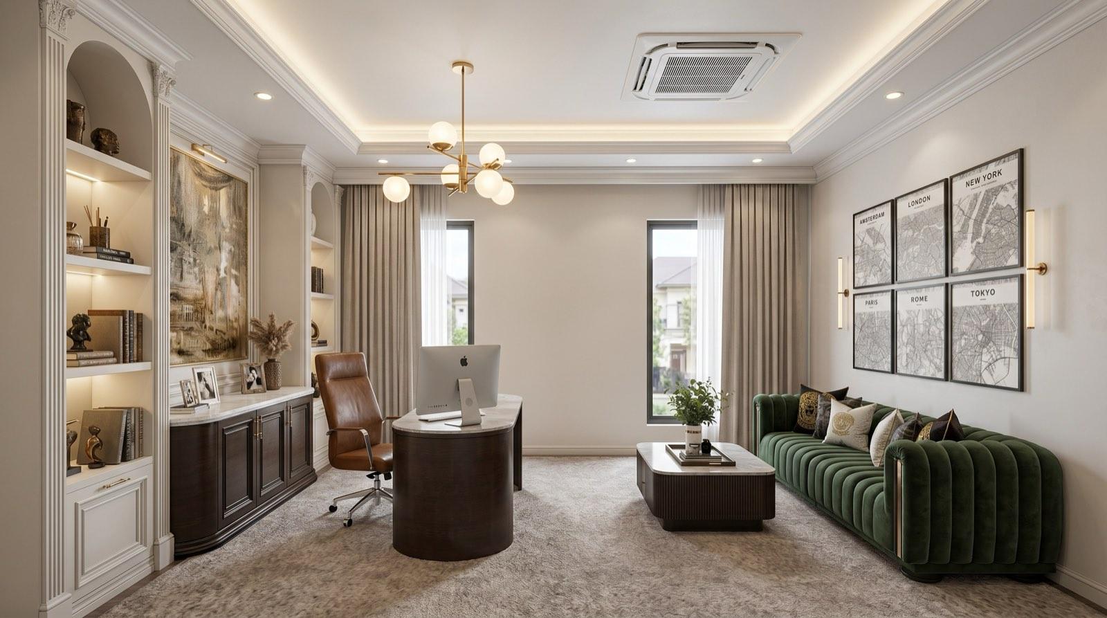 Home office at the Setia Alam residence with a green channel-tufted sofa beneath framed city maps