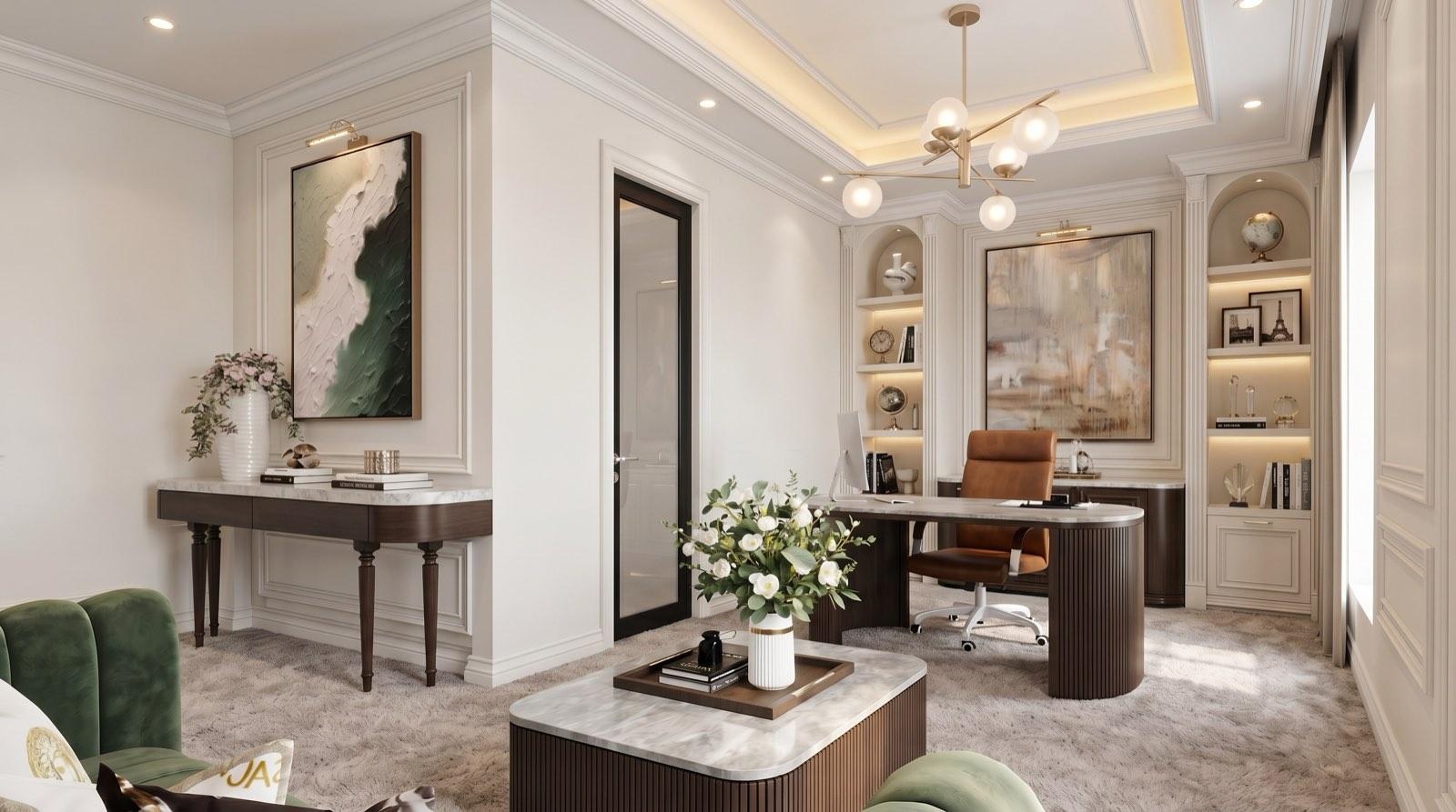 Home office at the Setia Alam residence in warm white with arched display niches and a fluted timber desk