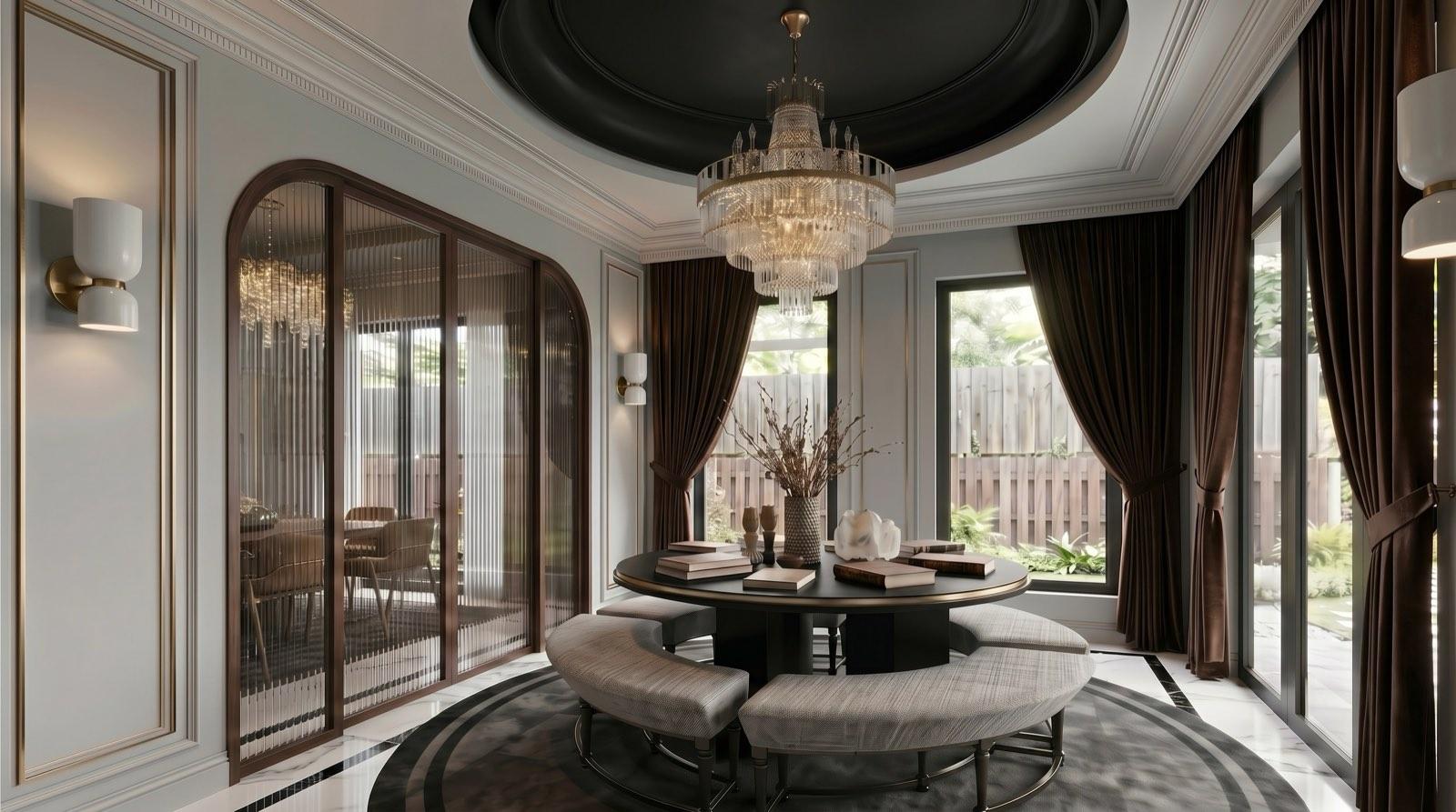 Round dining room at the Setia Alam residence with curved benches beneath a black dome ceiling and crystal chandelier