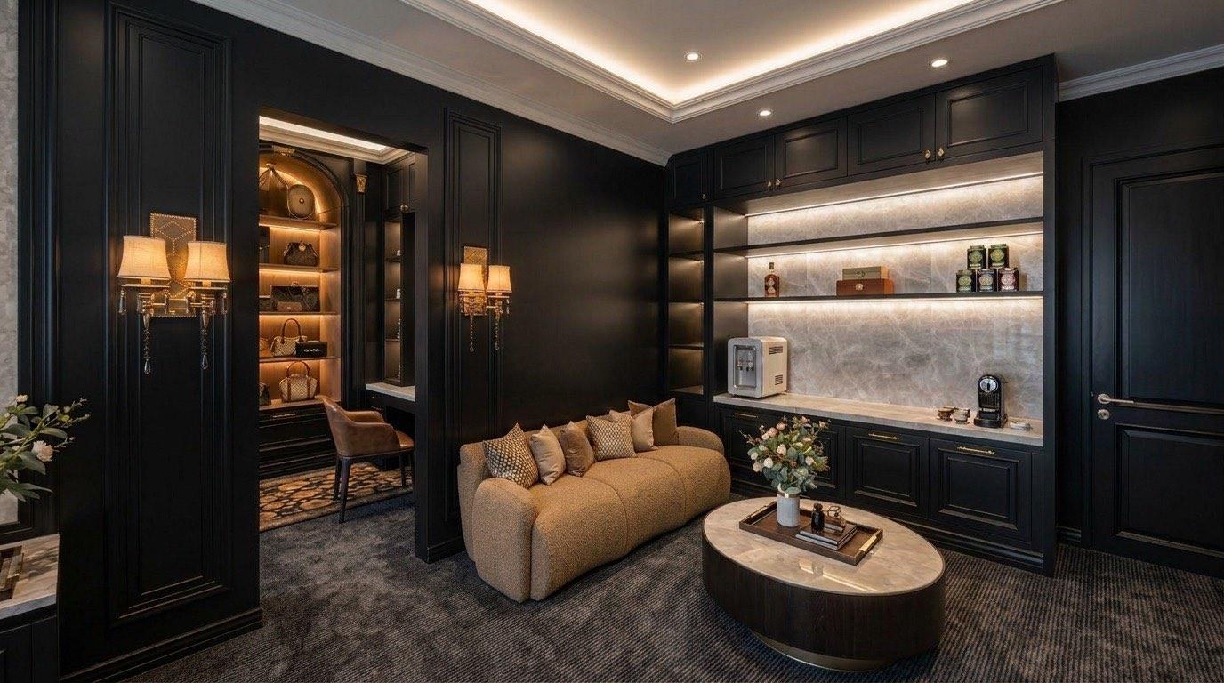 Vanity at the Setia Alam residence with a marble counter, brass-trimmed display shelving and an arched handbag cabinet