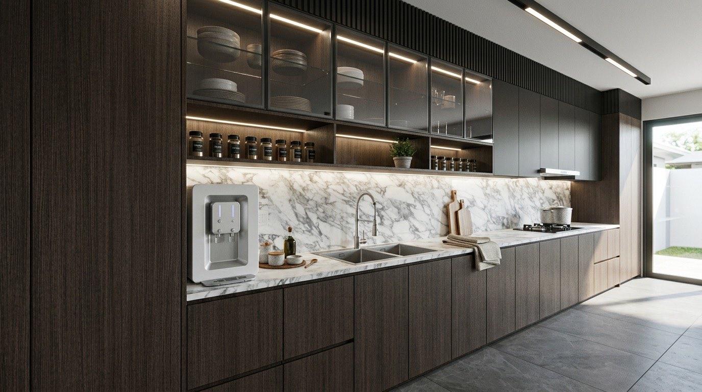 Wet kitchen at the Setia Alam residence in dark timber veneer with a full-height Arabescato marble splashback
