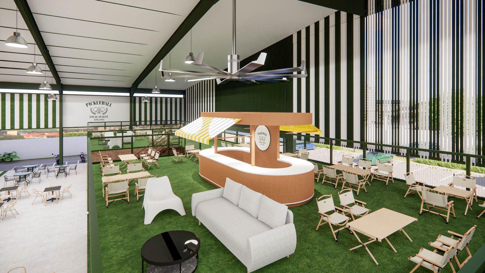 Curved brick refreshment kiosk under striped awnings at PKNS Signature
