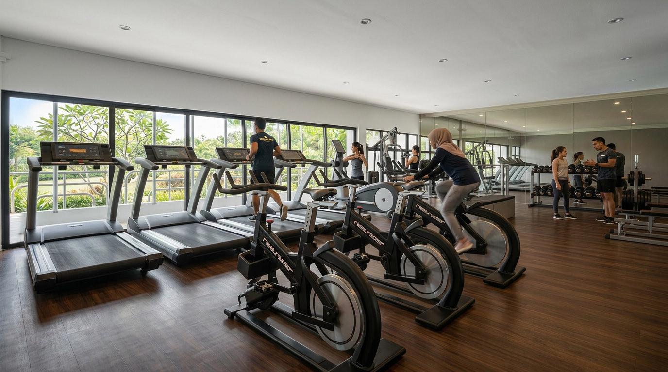 Gym at the Seri Nilam Sport Center with cardio machines along a glazed wall overlooking the field
