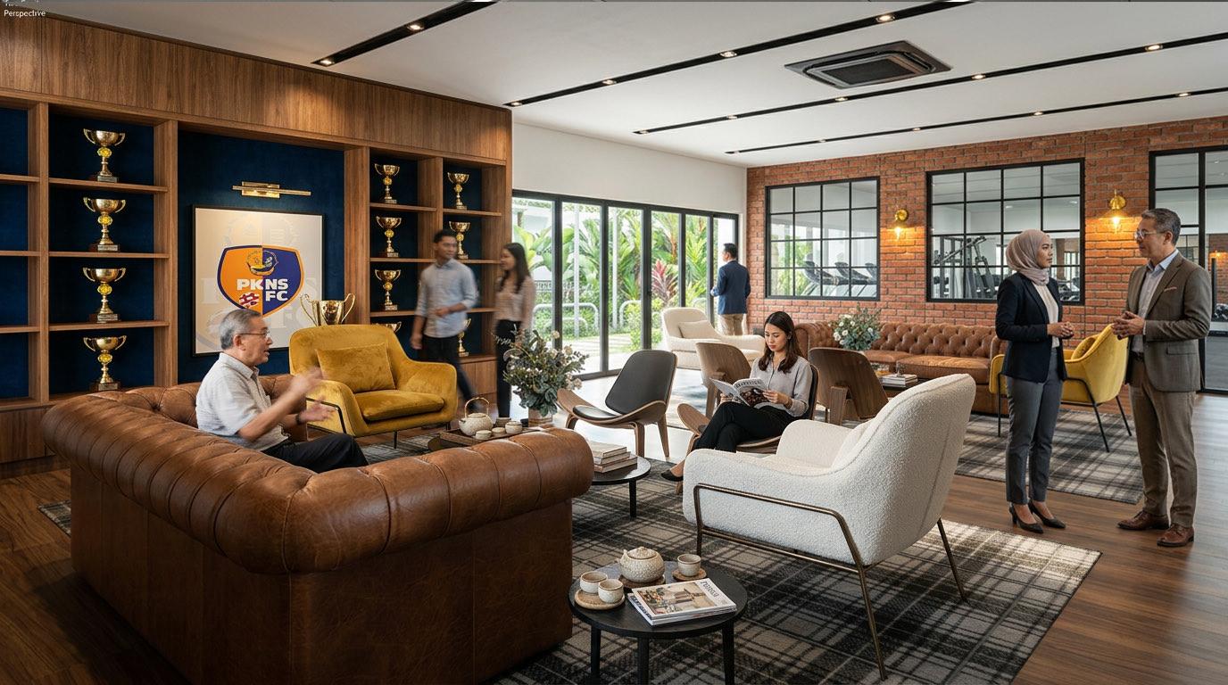Lounge seating and trophy display at the Seri Nilam Sport Center